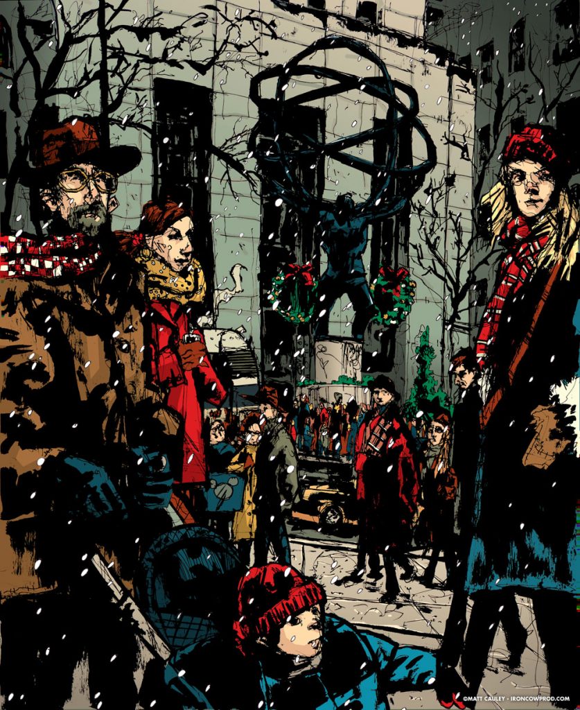 "Rockefeller Holiday Card" Ink with Digital Coloring. 16 x 20 inches. Created 2002 by Matt 'Iron-Cow' Cauley.