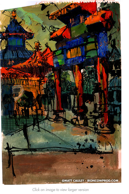 "China" Acrylic and Ink on paper. 14 x 18 inches. Painted 1997 by Matt 'Iron-Cow' Cauley.