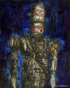 "Assassin Droid" | Ink Resist on Board | 8 x 10 inches | Painted 2020 by Matt Cauley